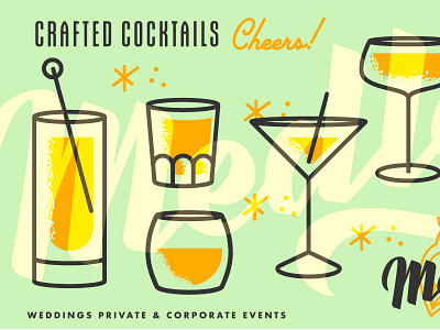 Medley Cocktail Co. Illustrations branding brushscript cocktail glassware illustration logo logodesign mint orange owl retro texture
