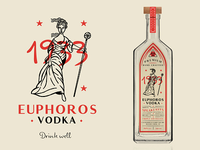 Unused Euphoros Branding 2 alcohol alcohol branding branding goddess illustration label labeldesign packaging prohibition speakeasy vintage vodka