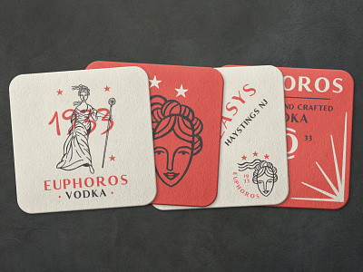 Unused Euphoros Branding 3 alcohol alcohol branding brand branding coasters goddess illustration logo logo design mockup prohibition vodka