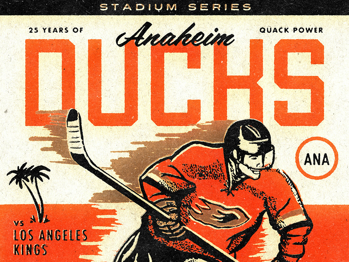 Ducks 25th Anniversary Poster anaheim anaheim ducks anniversary distressed ducks history hockey illustration illustration art nhl poster retro stadium series vintage vintage illustration vintage poster