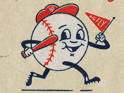 Big Fly Opening Day Giveaway baseball baseball bat characer cleats giveaway happy illustration mascot opening day pennant retro vintage