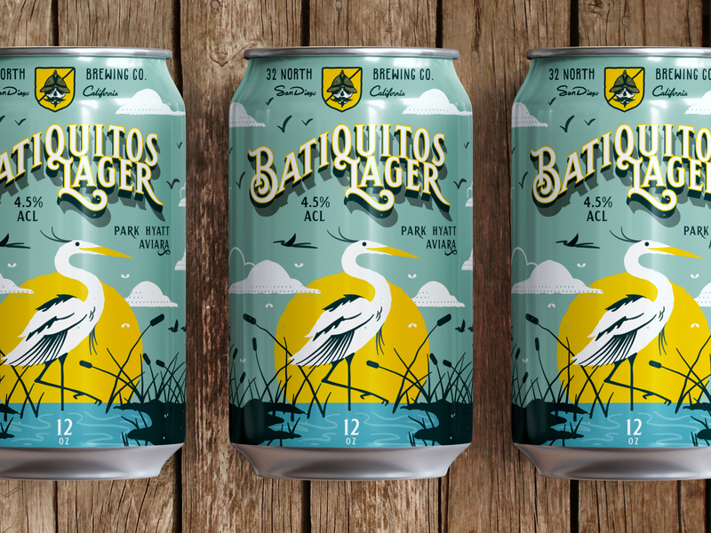 32N Baitquitos Lagoon Collab beer beer label colaboration crane illustration mockup packaging san diego type typography