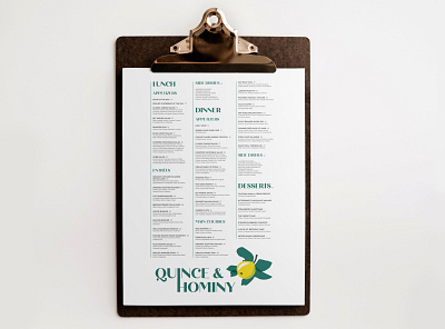 QUINCE & HOMINY graphic design illustration indesign layout menu menu design restaurant restaurant branding restaurant logo typography