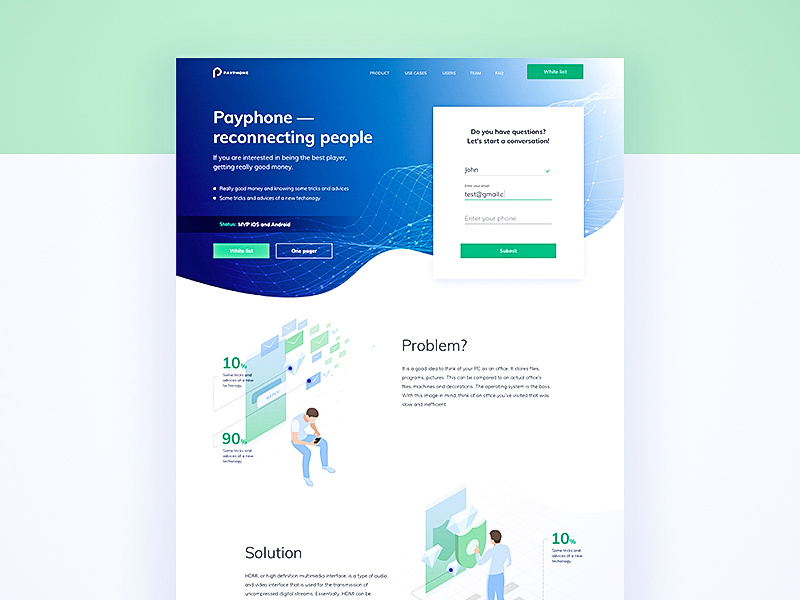 landing page for phone-call with blockchain technology web design tech landing tech ui design visual clean ui minimal clean call blockchain landing page landing