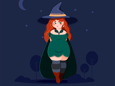 red-haired witch night in the forest character characterdesign forest girly halloween halloween girl illustration illustrator magic vector witch witch hat witch night in the woods women