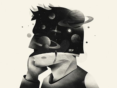 Illustration#1, Dylan Thomas blackandwhite illustration night planets space surreal universe