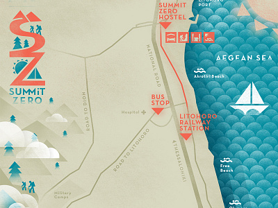 Summit Zero Hostel Map beach greece hostel illustrative map mountain olympus sea youth