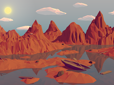 Low Poly Mountain Landscape art blender boat landscape low low poly mountain poly water