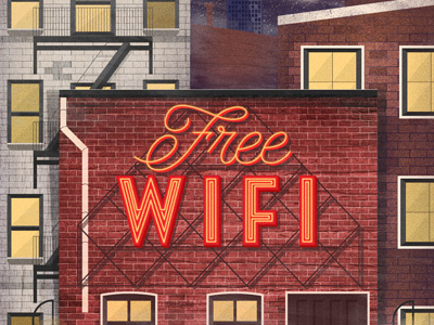 Free Wifi brick building city fog illustration lettering neon sign