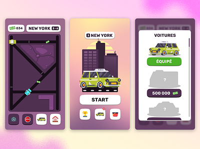 Taxi Rush Game Design / UI Design android app branding design game game design gaming illustration logo new ny taxi ui ux vector violet york