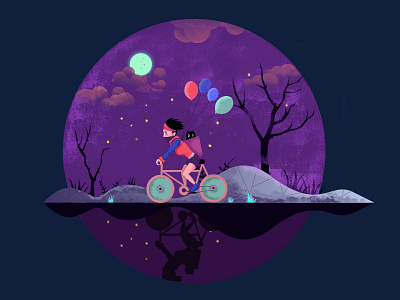 Ride a bicycle in a starry night illustrations