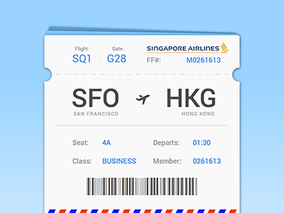 Singapore Airlines plane ticket UI airplane mobile ticket web