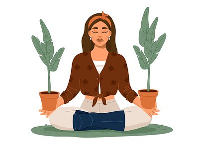 Enjoy every moment of your life :) art beautiful closed eyes design face flat gardener gardening girl illustration meditation people relaxing resting smile smiley face trendy vector woman yoga
