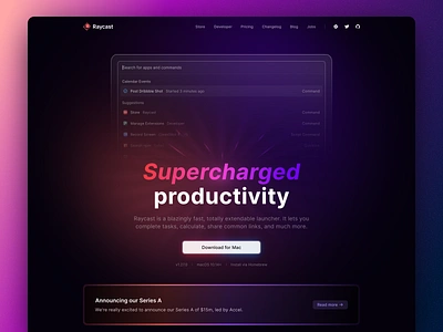 ✨ New Raycast website! app application clean clean ui dark dark ui design mac macos native raycast series a swift ui web website