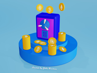 3D Illustration Cryptocurrency with Coins and Safe Box