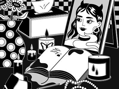 Dear Diary black and white editorial girl illustration graphic design halloween illustration