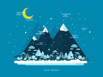 Blue Winter blue christmas illustration invitation landscape moon mountain snow trees white winter yellow
