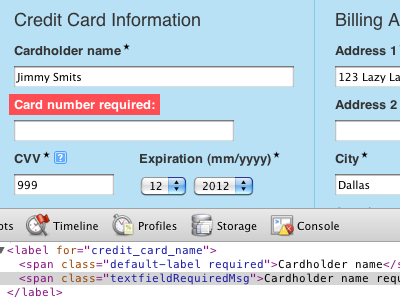 Card number required error form label messaging validation