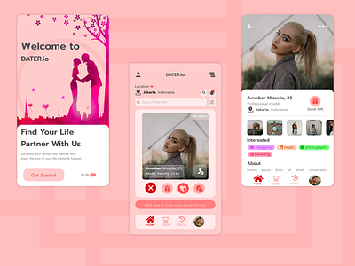 Dater.io | Mobile app design art branding clean colors dating app design flat color graphic design mobile app design pink tinder ui ux