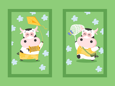 Spring is coming butterfly character design cow design flat illustration flower green illustration kite procreate spring