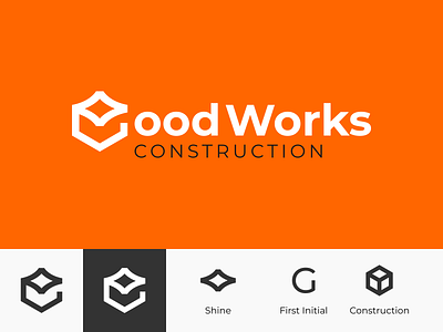 Logo Concept For Good Works Construction architecture brand identity branding company logo construction logo dual meaning g letter graphic design icon initial logo letter mark logo logo design minimal logo minimalist logo modern logo orange shine logo symbolic icon vector