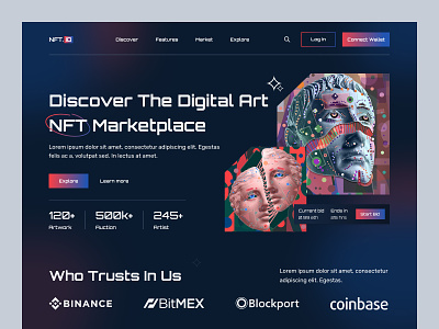 NFT Marketplace Website agency art bitcoins crypto cryptoart dark dsign home page landing page marketplace nft nft page nft ui nft web nft website nfts token uiux web design website