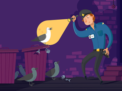 An important task beginner birds cartoon character flat fright gang illustration policeman raid seagulls task trash can vector young man