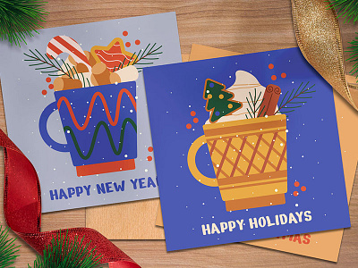 Christmas New Year cards with cups AI EPS card christmas cup design flat greeting illustration merry new year snow vector winter
