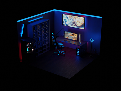 Gamer Room 3d 3d art 3dblender blender3d blender3dart chair illumination neon screen