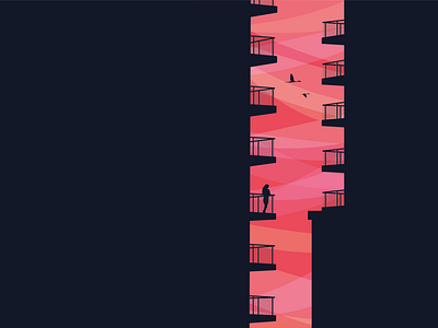The balcony alone architecture balcony birds building color contrast home pink sunset view wind woman