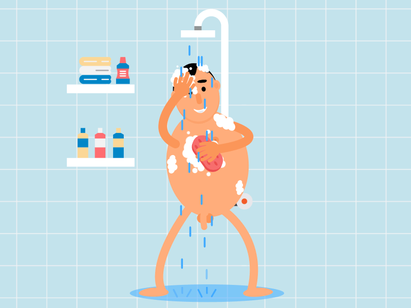 Shower animation cartoon character flat gif loop man shower