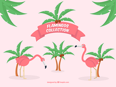 Pink Flamingos flamingo flat icon illustration palm pink set tree ui vector