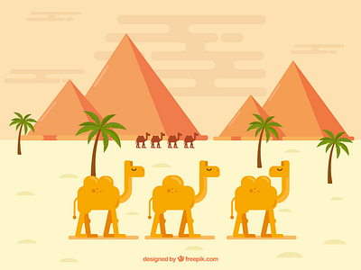 Caravan of Camels with Desert Landscape camel caravan desert flat icon illustration landscape vector