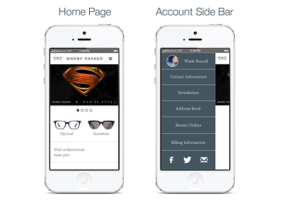 Warby Parker App - Home Page and Account Side Bar app facebook flat glasses homescreen icon iphone iphone 5 log in login login page mail mail icon man of steel photoshop register sign up sunglasses superman twitter warby parker