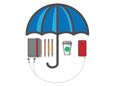 A Few Rainy Day Essentials coffee headphones iphone moleskine notebook pencils starbucks umbrella vector
