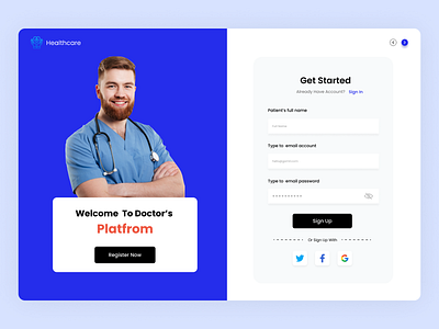 Healthcare Sign in/Sign up add social media doctors advice find it interface medicalcare platfrom register sign in sign up ui ux design verify passward web design website design