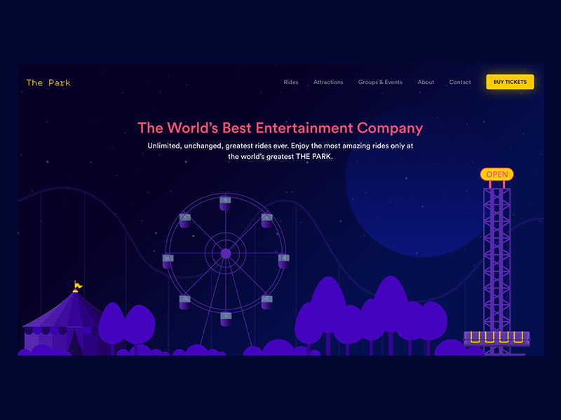 Amusement Park animation clean dark illustration interaction interface design landing page park ui ux web website