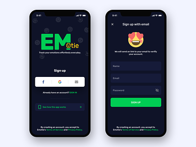 Emotie - Mobile App app dark mode dark ui email emoji emotion interface design login onboarding signup ui ux