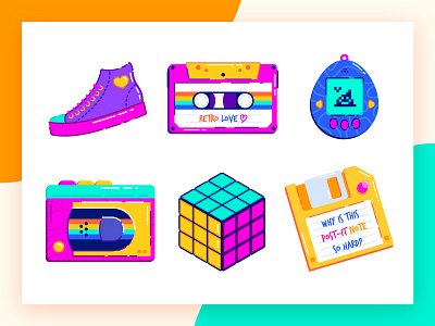 The 90s Favorites Part 1 90s back to the future cassette childhood children cube design flat floppy disk icon illustration love oldschool poop retro tamagotchi