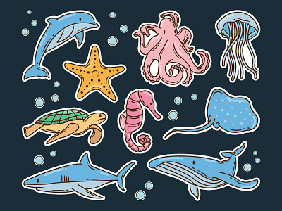 sea animal cartoon doodle animal beach bundle cartoon collection doodle elements equipment group hand drawn illustration items simple marine marine life ocean sea set tools vector water