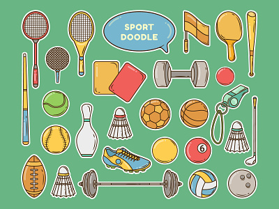 Sport items cartoon doodle activity bundle cartoon collection doodle elements equipment group hand drawn healthyfood hobbies hobby illustration items people set simple sports tools vector