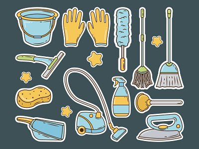 Cleaning service tool sticker cartoon doodle bundle cartoon cleaning service collection concept creative cute doodle elements equipment group hand drawn illustration items set simple sticker tools vector wash