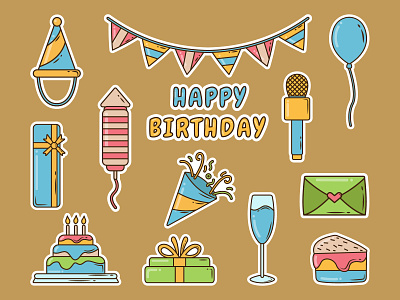 Birthday elements sticker cartoon doodle birthday birthday party bundle cartoon collection cute doodle elements equipment group hand drawn happy birthday illustration items party set simple sticker tools vector