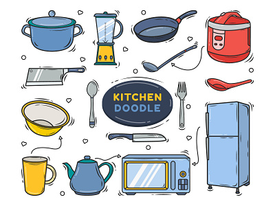 Kitchen tools cartoon doodle set bundle cartoon chef collection cook cooking doodle elements equipment group hand drawn illustration isolated items kitchen kitchenware set simple tools vector
