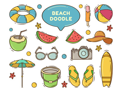 Beach cartoon doodle beach bundle cartoon collection doodle elements equipment group hand drawn holiday illustration items sea season set simple summer tools travel vector