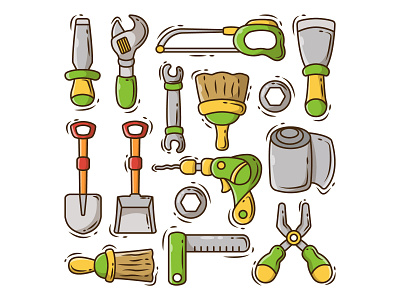 Construction tools cartoon doodle part 2 build building bundle cartoon collection construction doodle elements equipment group hand drawn illustration industry items material renovation set simple tools vector
