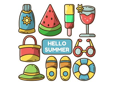 Summer elements cartoon doodle part 3 beach bundle cartoon collection doodle elements equipment group hand drawn holiday illustration items season set simple summer tools trip vacation vector
