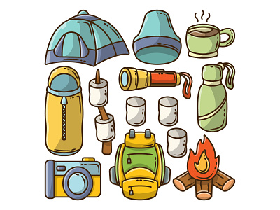 Camping elements cartoon doodle advanture bundle camping cartoon collection doodle elements equipment group hand drawn hobby holiday illustration items nature set simple summer tools vector