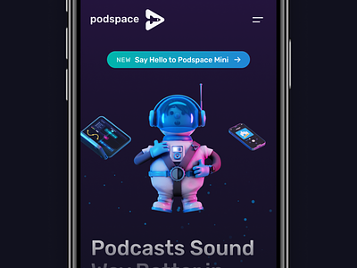 Podspace Hero [Illustration] 3d astronaut iphone mac podcast ui web
