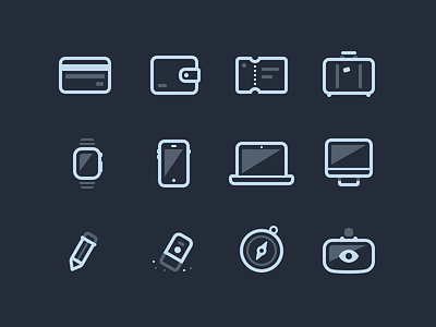 Icon Set Preview compass credit card eraser imac iphone luggage macbook oculus pen ticket wallet watch